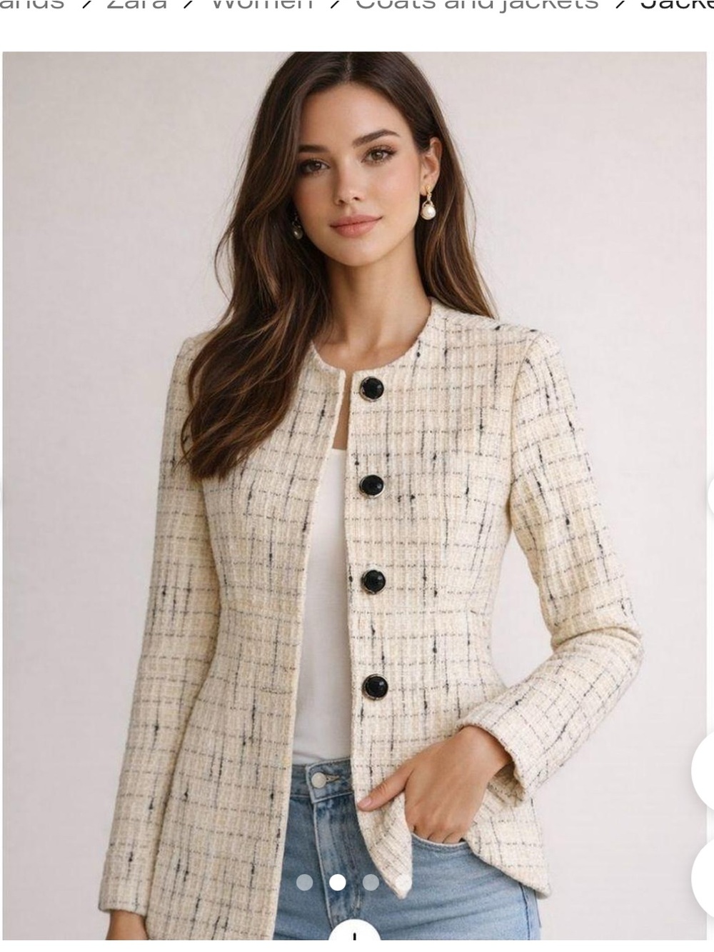 Zara Cream Tweed Jacket with Black Buttons